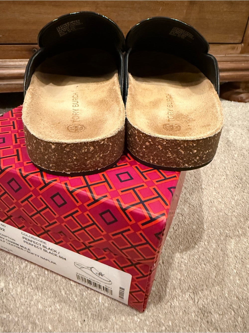 Tory Burch Black Leather Slip-On Mules with Gold Logo Accents - Picture 2 of 5